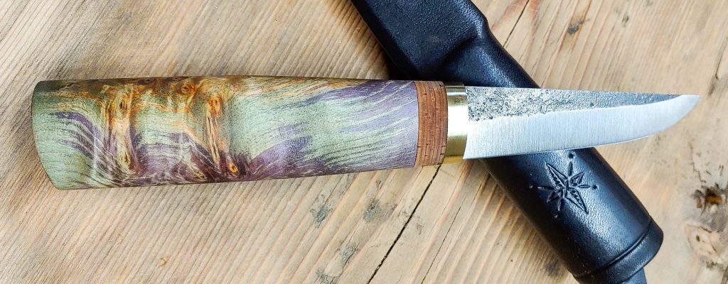 Custom dyed wood puukko knife by Wilderness Effects, Paige Richard May